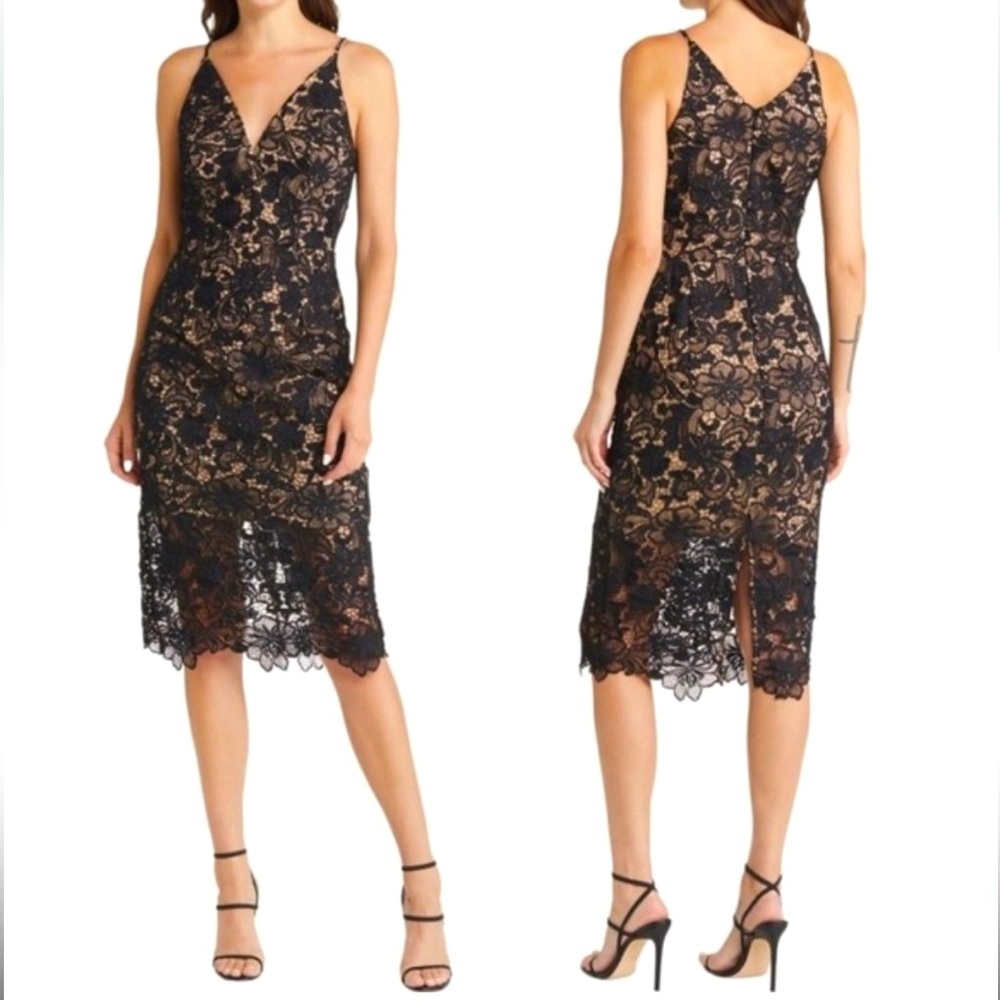 NORDSTROM Dress The Population Black Lace AURORA V-Neck Bodycon Midi Dress XS